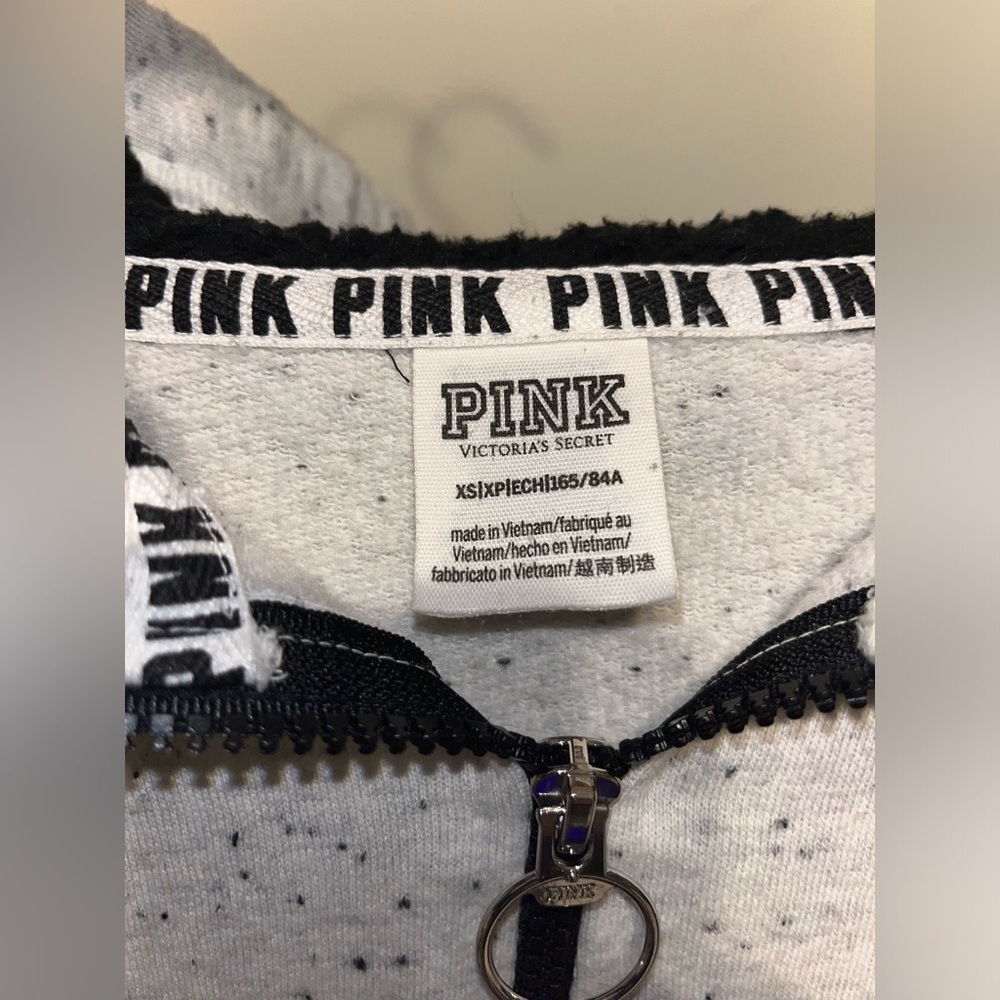 RARE Victoria's Secret Pink Bling Campus Sherpa Hooded Q Zip Silver Dog Ptp 21” - Picture 2 of 4